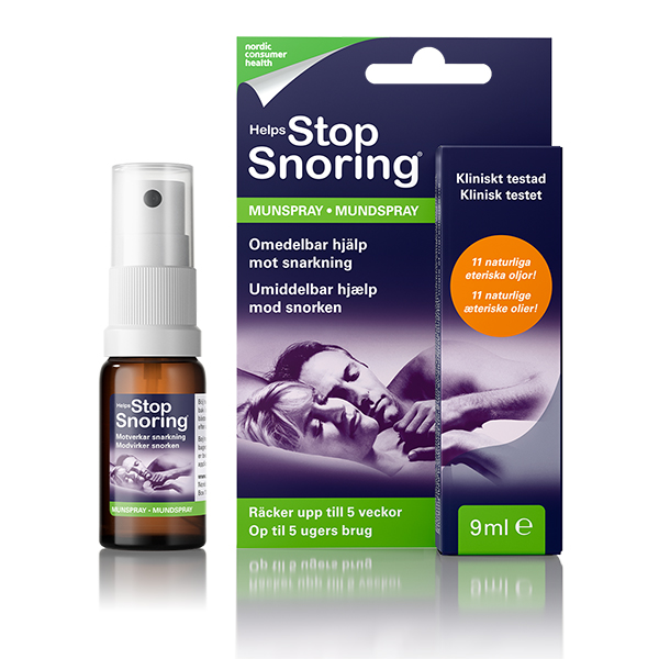 Sprayflaska med Helps Stop Snoring snarkspray mot snarkning