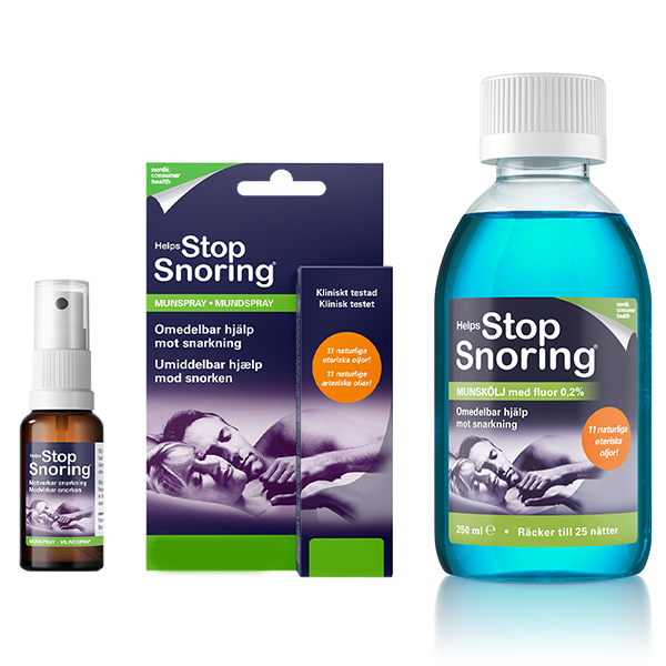 Helps Stop Snoring munskölj och snarkspray förpackningar.