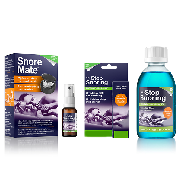 Förpackningar SnoreMate snarkskena, Helps Stop Snoring snarkspray och munskölj.