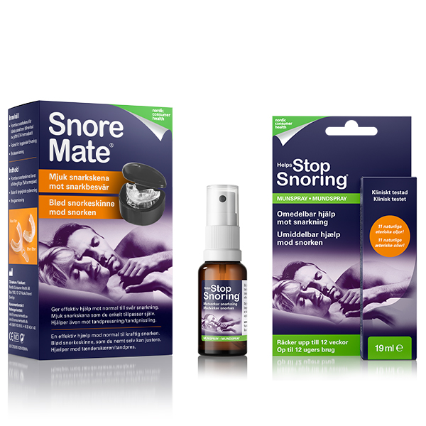 SnoreMate snarkskena förpackning och Helps Stop Snoring snarkspray förpackning.
