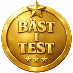 Medalj i guld med texten Bäst i test och tre stjärnor