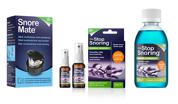 Förpackningar SnoreMate snarkskena, Helps Stop Snoring snarkspray och munskölj mot snarkning.